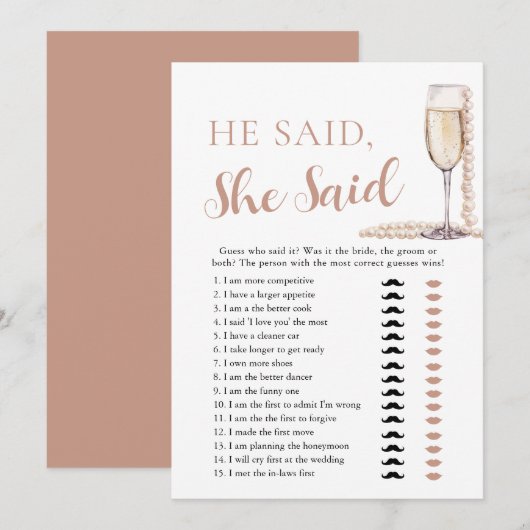 Elegante parels en prosecco Hij zei, ze zei spel Kaart (Voorkant / Achterkant)