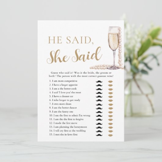 Elegante parels en prosecco Hij zei, ze zei spel Kaart (Staand voorkant)