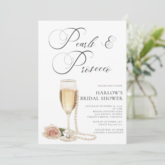 Elegante Parels en Prosecco Vrijgezellenfeest Invi Kaart (Staand voorkant)