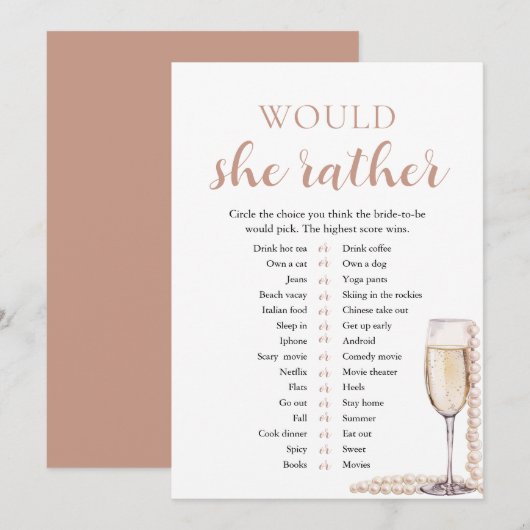 Elegante Parels en Prosecco Would She Rather Spel Kaart (Voorkant / Achterkant)
