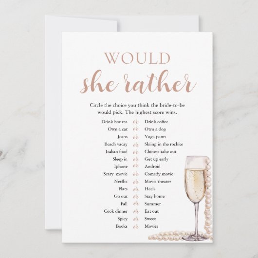 Elegante parels en Prosecco Zou ze liever spel Kaart (Voorkant)