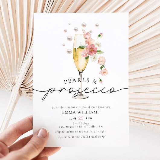 Elegante Parels en Roze Prosecco Bruidsdiner Kaart