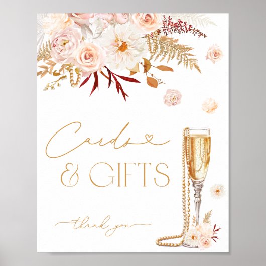 Elegante Parels & Prosecco Bloemen Kaarten en Gesc Poster (Voorkant)