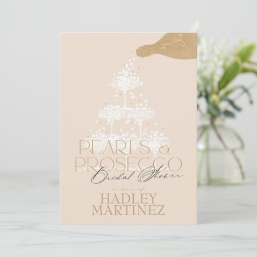 Elegante Parels & Prosecco Bruids Douche Uitnodigi Kaart (Staand voorkant)