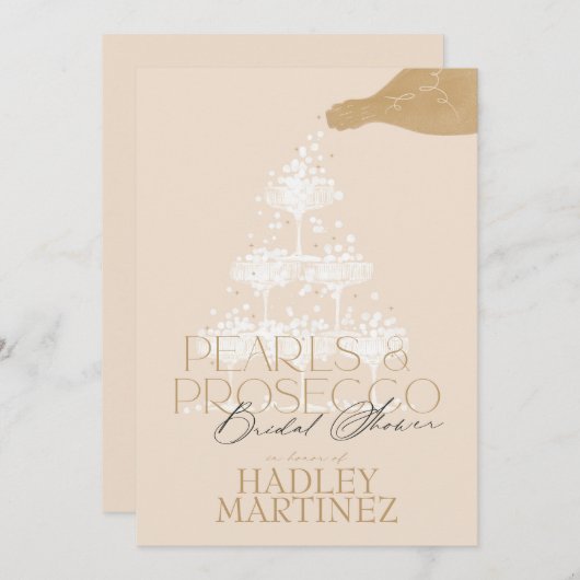 Elegante Parels & Prosecco Bruids Douche Uitnodigi Kaart (Voorkant / Achterkant)