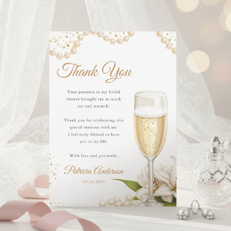 Elegante Parels & Prosecco Bruidsdouche Aquarel Bedankkaart
