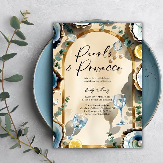 Elegante Parels & Prosecco Bruidsfeest Kaart