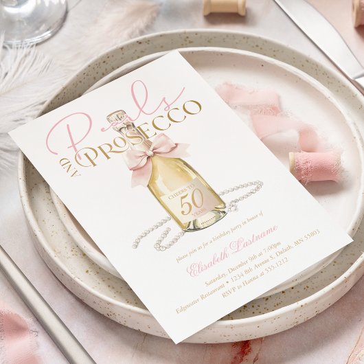 Elegante Parels & Prosecco Roze Strik 50e Verjaard Kaart