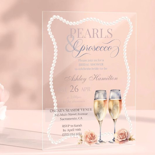 Elegante Parels & Prosecco Vrijgezellenfeest Acryl Uitnodigingen