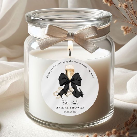 Elegante Parels & Prosecco Zwart Lint Bruidsdouche Ronde Sticker