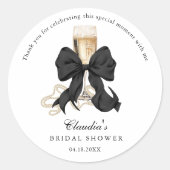 Elegante Parels & Prosecco Zwart Lint Bruidsdouche Ronde Sticker (Voorkant)