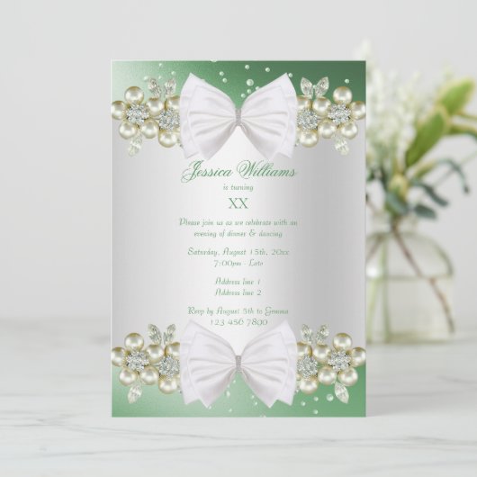 Elegante Pareltjes & Bow Green Verjaardag Kaart (Staand voorkant)