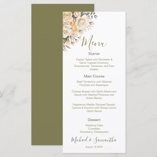 Elegante Parelwitte en Ivoren Rozen Bruiloft Menu (Voorkant / Achterkant)