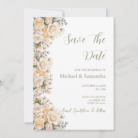 Elegante Parelwitte en Ivoren Rozen Bruiloft Save The Date (Voorkant)