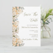 Elegante Parelwitte en Ivoren Rozen Bruiloft Save The Date (Staand voorkant)