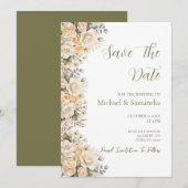 Elegante Parelwitte en Ivoren Rozen Bruiloft Save The Date (Voorkant / Achterkant)