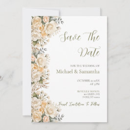 Elegante Parelwitte en Ivoren Rozen Bruiloft Save The Date