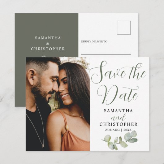 Elegante paren Foto-eucalyputs Opslaan datum Aankondigingskaart (Voorkant / Achterkant)