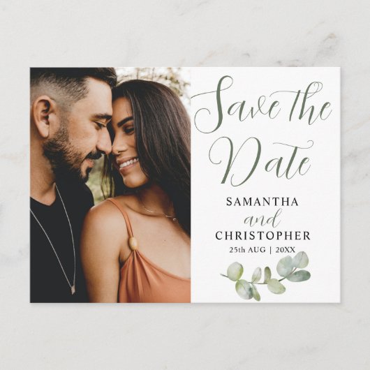 Elegante paren Foto-eucalyputs Opslaan datum Aankondigingskaart (Voorkant)
