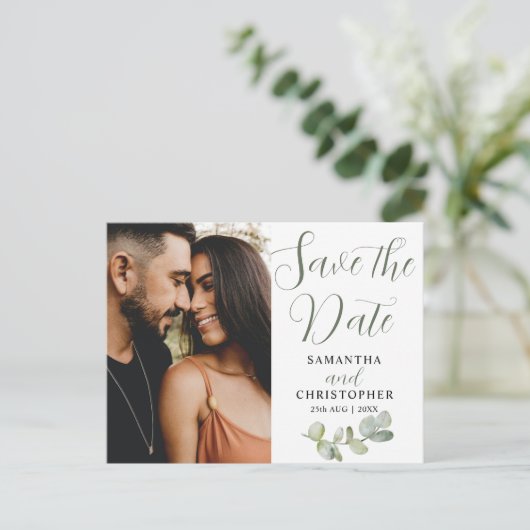 Elegante paren Foto-eucalyputs Opslaan datum Aankondigingskaart (Staand voorkant)