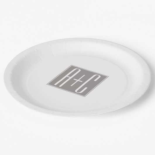 Elegante Paren Wit & Grijze Initails | Papieren Bordje (Gekanteld)