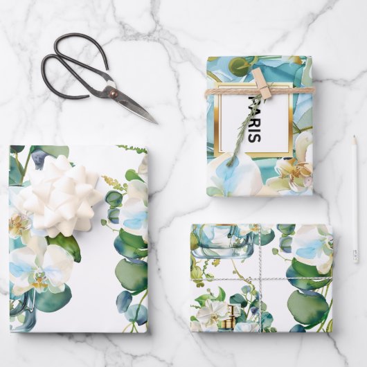 Elegante parfumfles met witte orchidee inpakpapier vel (Voorkant)