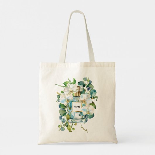 Elegante parfumfles met witte orchidee tote bag (Achterkant)