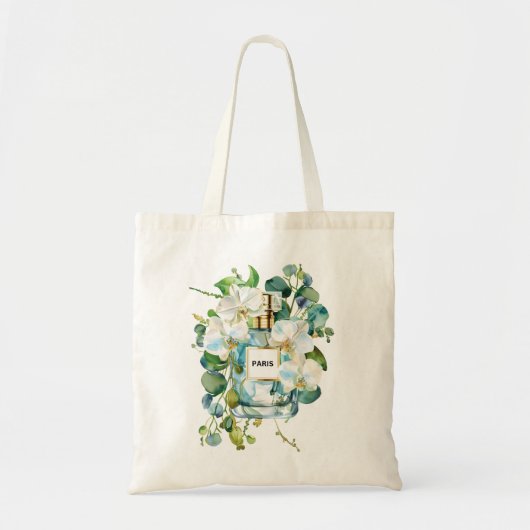 Elegante parfumfles met witte orchidee tote bag (Voorkant)