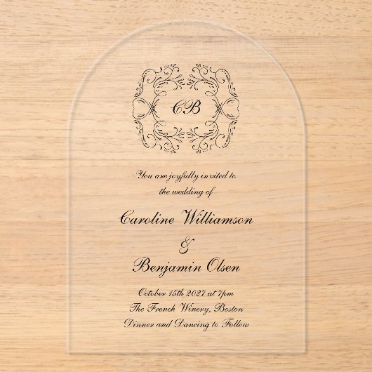 Elegante  Parijse bruiloft Transparant Boog Acryl Uitnodigingen (Voorkant)