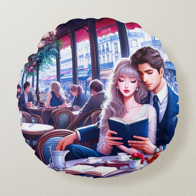 Elegante Parijse Café Datum: Een romantische ontsn Rond Kussen (Voorkant)