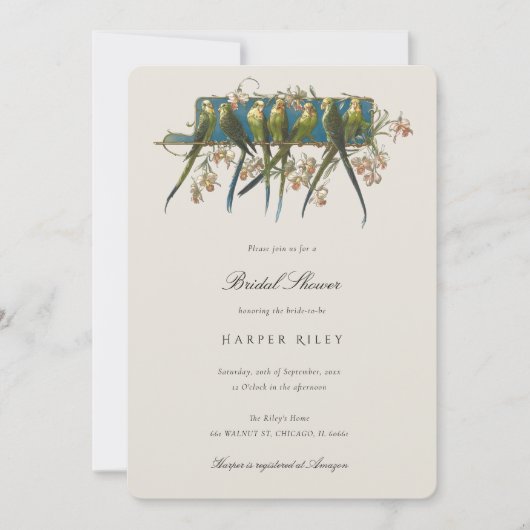 Elegante Parkiet Bruids Douche Uitnodiging (Voorkant)