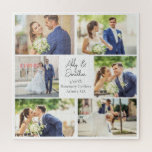 Elegante Pas getrouwd Fotocollage bruiloft Jubileu Legpuzzel<br><div class="desc">Dit prachtige huwelijkspuzzelcadeau voor pasgetrouwden heeft een stijlvolle lay-out van 6 trouwfoto's op een witte achtergrond met de namen,  locatie en datum van het getrouwde paar. Een prachtig fotocollage huwelijkscadeau voor pasgetrouwden of voor een man of vrouw jubileum cadeau.</div>