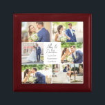 Elegante Pas getrouwd Getrouwd Paar Fotocollage Cadeaudoosje<br><div class="desc">Deze prachtige pasgetrouwde paar houden sake geschenkdoos heeft een stijlvolle lay-out van 6 trouwfoto's op een witte achtergrond met de namen,  locatie en datum van het getrouwde paar. Een prachtig herdenkingsfoto cadeau voor uw vrouw of man om voor altijd te koesteren.</div>