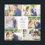 Elegante Pas getrouwd Getrouwd Paar Fotocollage Magneet<br><div class="desc">Dit mooie pasgetrouwde paar keepsake magneet geschenk heeft een stijlvolle lay-out van 6 trouwfoto's op een witte achtergrond met de namen,  locatie en datum van het getrouwde paar. Een prachtig herdenkingsfoto-cadeau voor je vrouw of man om voor altijd te koesteren.</div>
