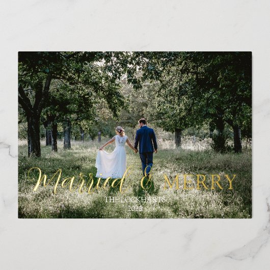 Elegante Pas getrouwd Getrouwd & Vrolijk Folie Vak Folie Feestdagenkaart (Voorkant)