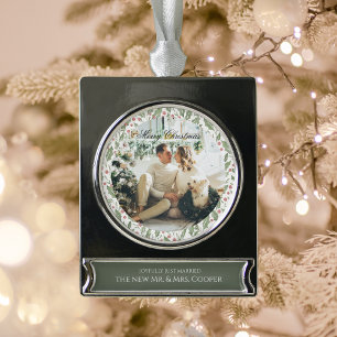 Elegante Pas Getrouwd Nieuwgetrouwd Foto Kerstmis Verzilverd Banner Ornament