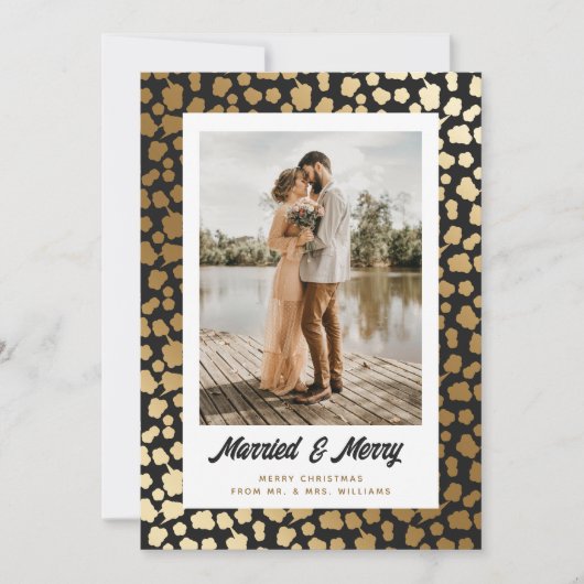Elegante Pasgetrouwden Foto Kerstmis Zwart Goud Feestdagenkaart (Voorkant)