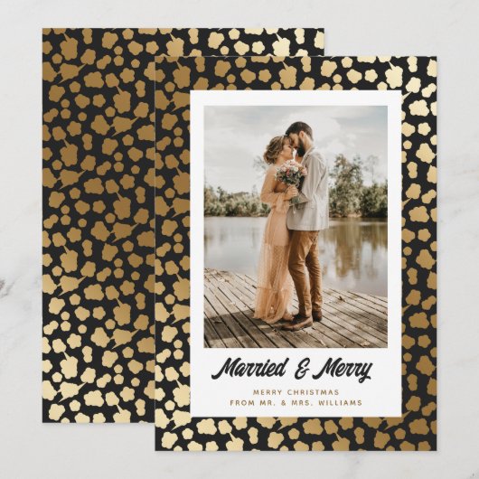 Elegante Pasgetrouwden Foto Kerstmis Zwart Goud Feestdagenkaart (Voorkant / Achterkant)