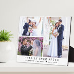 Elegante Passen getrouwd 3 foto collage bruiloft Fotoplaat<br><div class="desc">Elegante pasgetrouwde aandenken plaquette om uw bruiloft te vieren met een 3 foto collage van uw speciale dag,  "Happily Ever After" in klassieke serif typografie,  en uw namen en trouwdatum in eenvoudige moderne letters.</div>