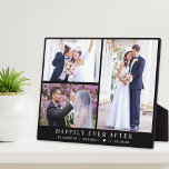 Elegante Passen getrouwd 3 Photo Collage Black Wed Fotoplaat<br><div class="desc">Elegante pasgetrouwde aandenken zwarte plaquette om uw bruiloft te vieren met een 3 foto collage van uw speciale dag,  "Happily Ever After" in klassieke witte serif typografie,  en uw namen en trouwdatum in eenvoudige moderne witte letters.</div>