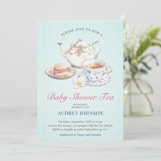 Elegante pastel blauw Baby shower thee bloemige th Kaart (Staand voorkant)
