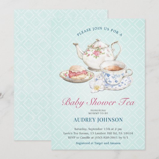 Elegante pastel blauw Baby shower thee bloemige th Kaart (Voorkant / Achterkant)
