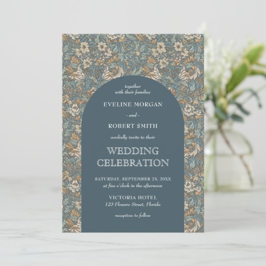 Elegante pastel blauw beige bloemen Art Nouveau Kaart (Staand voorkant)