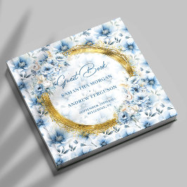 Elegante Pastel Blauwe Bloemen Gouden Glitter Huwe Gastenboek