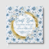 Elegante Pastel Blauwe Bloemen Gouden Glitter Huwe Gastenboek (Voorkant)