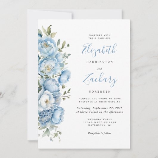 Elegante Pastel Blauwe Waterverf Bloemenbruiloft Kaart (Voorkant)