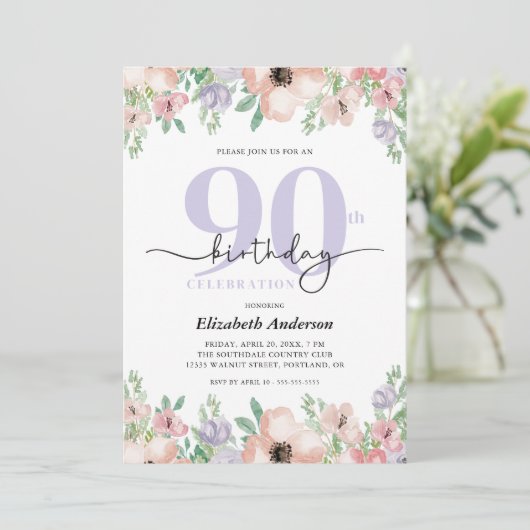 Elegante Pastel Bloem 90e Verjaardag Kaart (Staand voorkant)