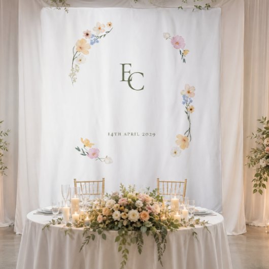 Elegante Pastel Bloem Boho Monogram Huwelijk Wandkleed
