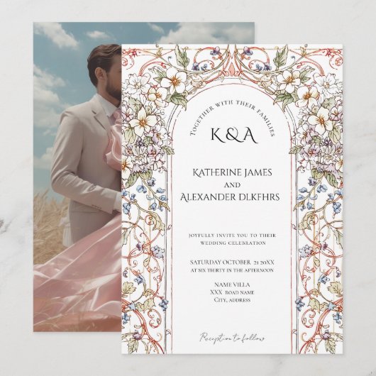 Elegante Pastel Bloemboog Wedding afbeelding Kaart (Voorkant / Achterkant)