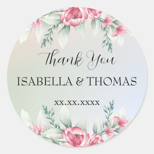 Elegante pastel bloemen Bedankt Trouwfeest Ronde Sticker (Voorkant)